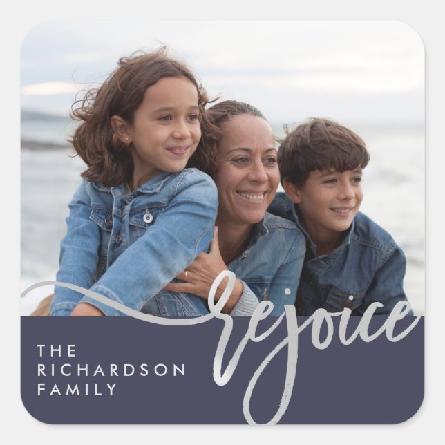 Silver Rejoice | Modern Typography with Photo Square Sticker (Front)
