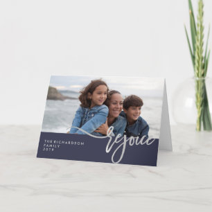 Silver Rejoice   Your Photo on Midnight Blue Holiday Card