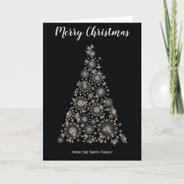 Silver Retro Christmas Tree Christmas Card (Front)