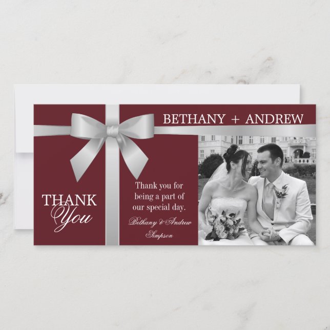 Silver Ribbon Burgundy Wedding Thank You Card (Front)