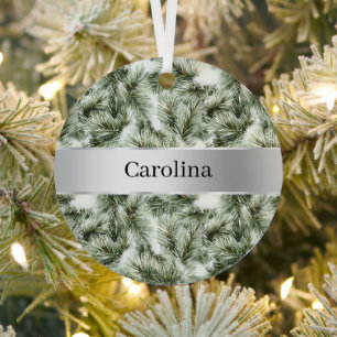 Silver Ribbon Green Christmas Tree Branches Metal Ornament