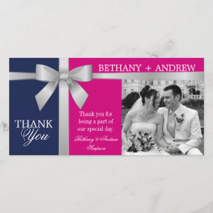 Silver Ribbon Purple Fuchsia Wedding Thank You Card