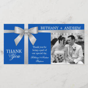 Silver Ribbon Royal Blue Wedding Thank You Card