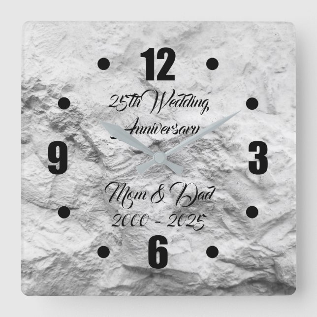 Silver Rock 25th Silver Wedding Anniversary Square Wall Clock (Front)