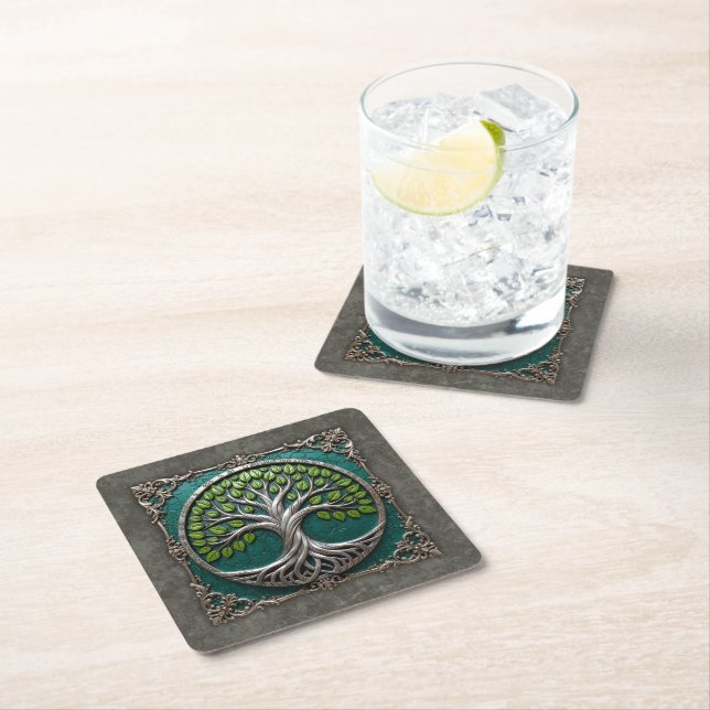 Silver Roots of Eternity – Tree of Life.   Square Paper Coaster (Insitu)