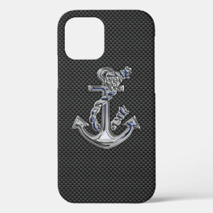Silver Rope Anchor on Black Carbon Fibre iPhone 12 Pro Case