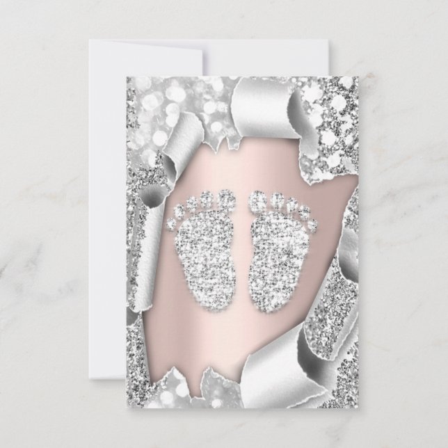 Silver Rose Baby Shower Feet Boy Glitter Girl Invitation (Back)