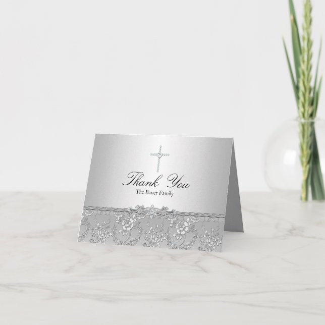 Silver Rose & Cross Baptism Thank You Card (Front)