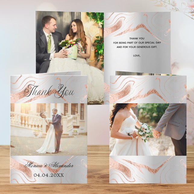 Silver rose gold 3 photos wedding thank you card (Creator Uploaded)