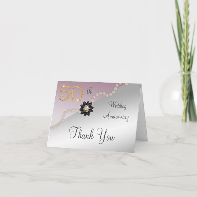 Silver Rose Gold 50th Anniversary Thank You Card (Front)