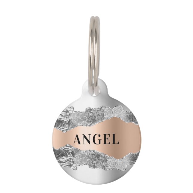 Silver rose gold agate marble name pet tag (Front)