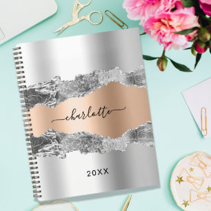 Silver rose gold agate marble name script notebook