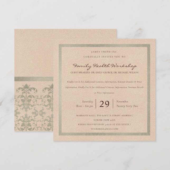 SILVER ROSE GOLD DAMASK CLASSIC WORKSHOP EVENT INVITATION (Front/Back)