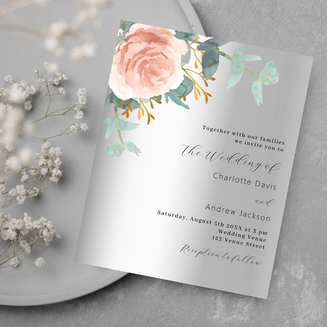Silver rose gold floral budget wedding invitation (Creator Uploaded)