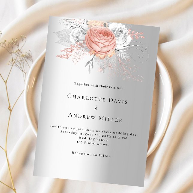 Silver rose gold floral elegant wedding invitation (Creator Uploaded)