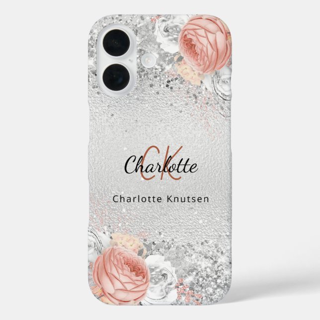 Silver rose gold florals elegant monogram name  Case-Mate iPhone case (Back)