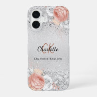 Silver rose gold florals elegant monogram name
