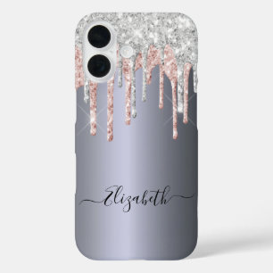 Silver rose gold glitter drip name script iPhone 16 case