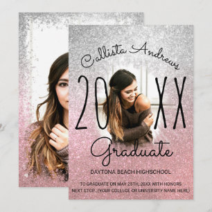 Silver Rose Gold Glitter Ombre Photo Graduation Announcement