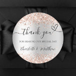 Silver rose gold heart thank you wedding classic round sticker<br><div class="desc">Faux silver background,  decorated with rose gold confetti.  With the text: Thank you for sharing our special day,  with a small heart.   Personalize and add your names.</div>