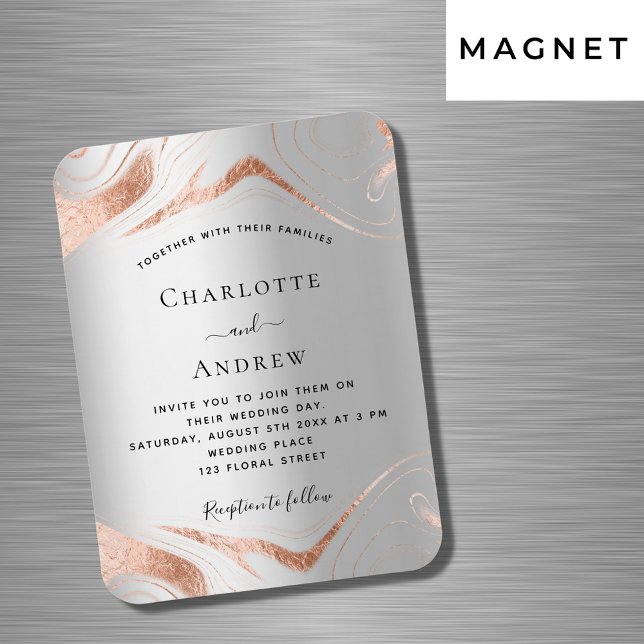 Silver rose gold marble luxury wedding invitation magnet (Creator Uploaded)