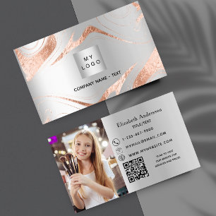 Silver rose gold marble photo QR code logo Business Card