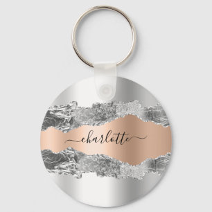 Silver rose gold metal agate marble name script keychain