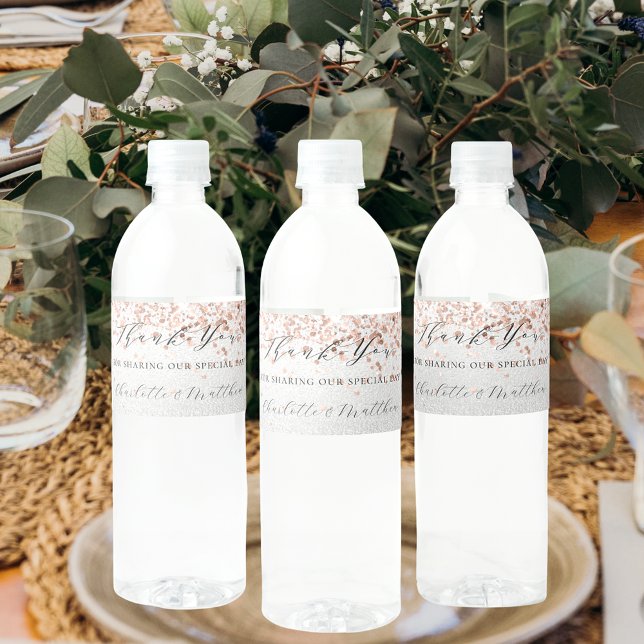 Silver rose gold modern wedding thank you water bottle label (Creator Uploaded)
