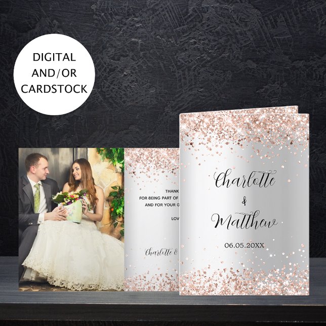 Silver rose gold photo wedding thank you card (Creator Uploaded)