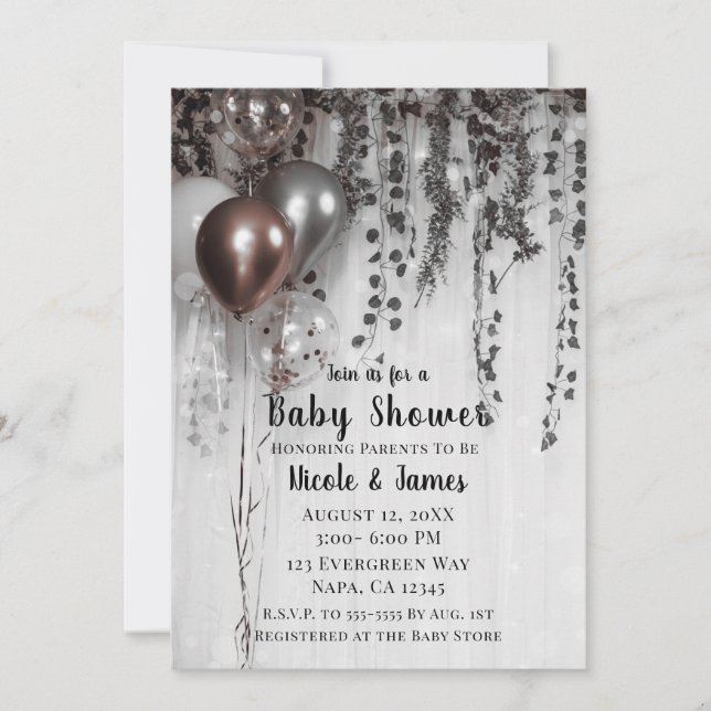 Silver & Rose Gold Pink Balloons Ivy Baby Shower Invitation (Front)