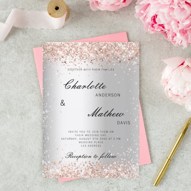 Silver rose gold script formal wedding invitation (Creator Uploaded)