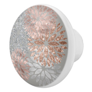 Silver Rose Gold Shimmer Sparkle Dahlia Flowers Ceramic Knob