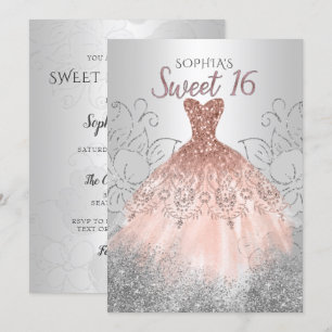 Silver Rose Gold Sparkle Dress Sweet 16 birthday Invitation