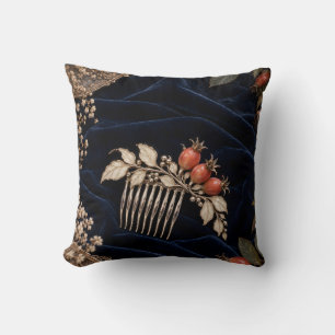 Silver Rose Hip Comb Navy Botanical Still Life Throw Pillow