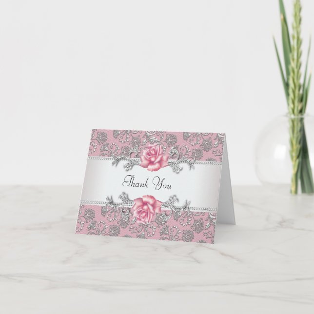 Silver Rose Rose Damask Merci Cartes (Devant)