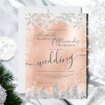 Silver rose snow pine Christmas winter wedding Invitation<br><div class="desc">Time to celebrate your winter wonderland wedding theme with this luxury silver glitter snowflakes sparkles and silver glitter pine tree forest on an elegant festive faux rose gold metallic background,  featuring a modern cool script font typography.</div>