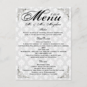 Silver Rose Wedding Dinner Menu Thank You Note Postcard