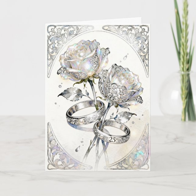 Silver Roses and Rings 25th Wedding Anniversary Card (Front)