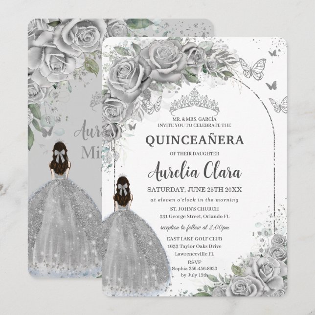 Silver Roses Floral Quinceanera Sweet 16 Birthday Invitation (Front/Back)