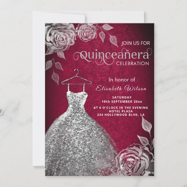 Silver roses trendy  sequins dress Quinceañera  In Invitation (Front)