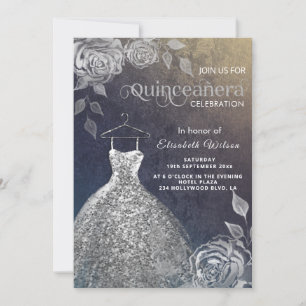 Silver roses trendy  sequins dress Quinceañera  Invitation