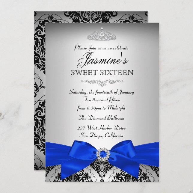 Silver & Royal Blue Damask Sweet 16 Invitation (Front/Back)