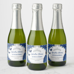 Silver Royal Blue  Floral Quinceañera Birthday Sparkling Wine Label