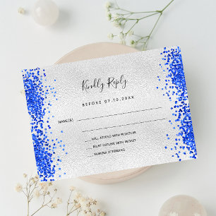 Silver royal blue modern wedding RSVP Card