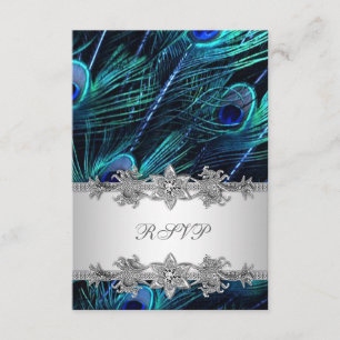 Silver Royal Blue Peacock Wedding RSVP Card