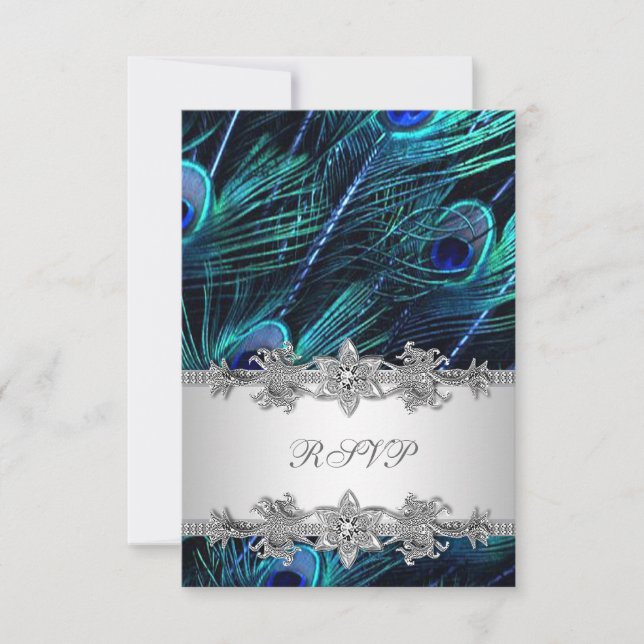 Silver Royal Blue Peacock Wedding RSVP Card (Front)