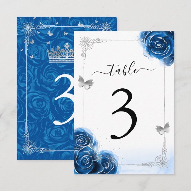 Silver Royal Blue Roses Elegant Table Number Card (Front/Back)