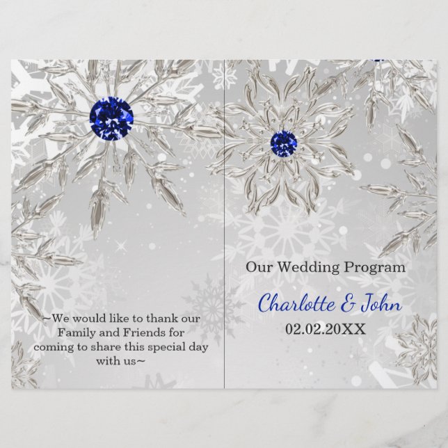 silver royal blue snowflake winter wedding program (Front)
