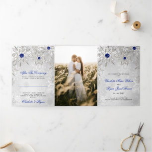 Silver Royal Blue Snowflake Winter Wedding  Tri-Fold Programme