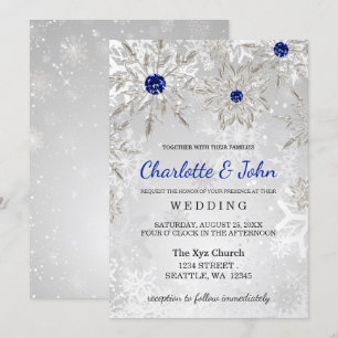 Silver Royal Blue snowflakes Winter Wedding Invitation